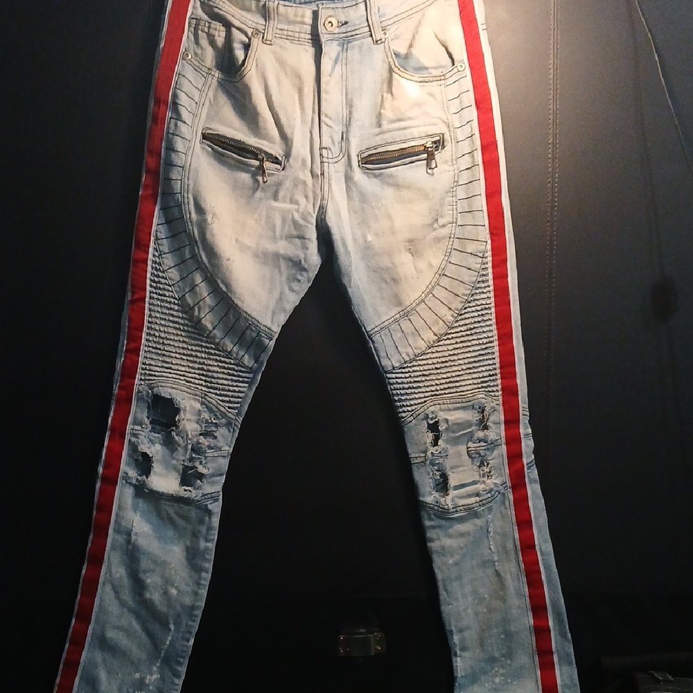 Stylish Light Blue Skinny Jeans with Red Stripes